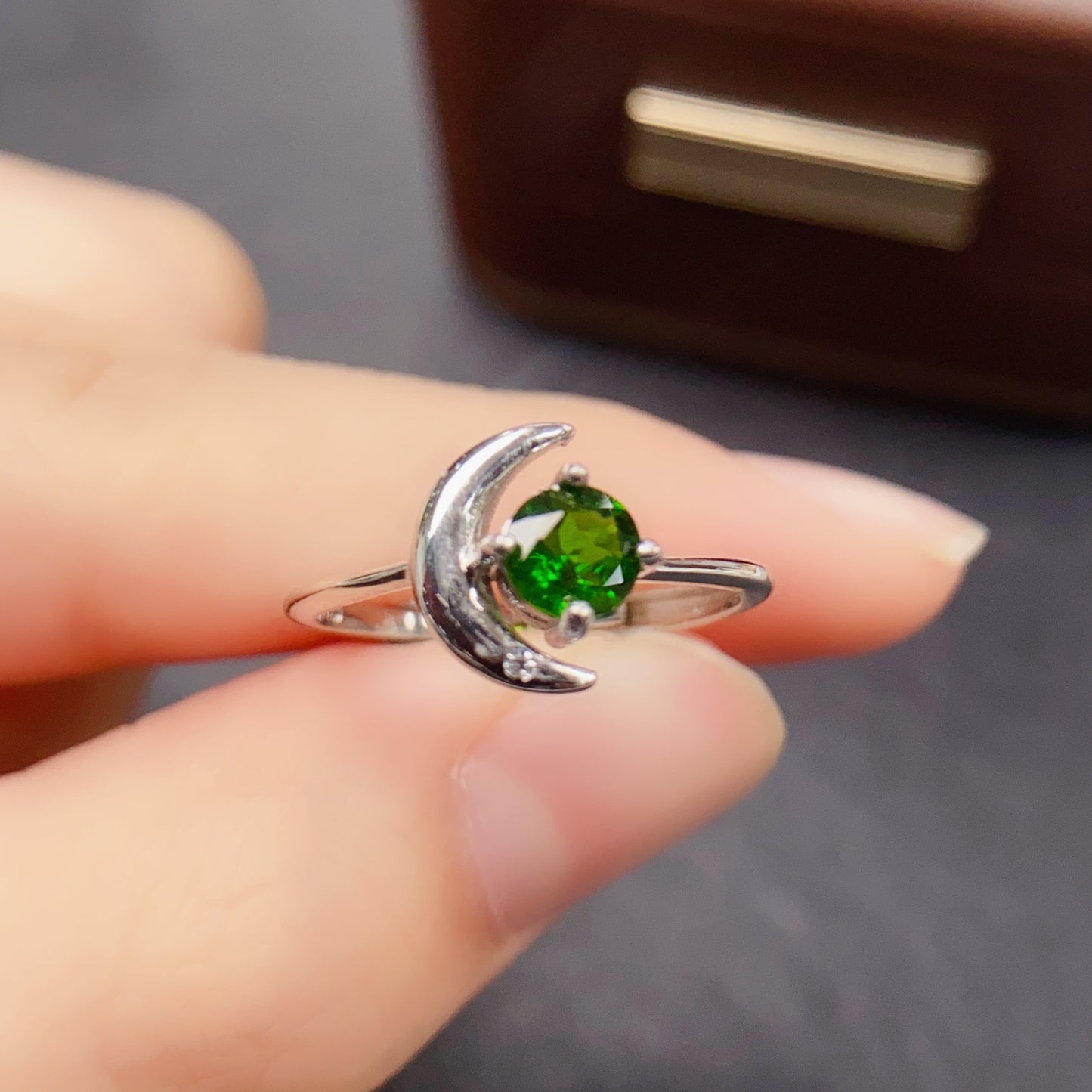Natural Diopside Ring | Moon Shape Design 5x5mm | 925 Silver | Fine Craftsmanship | Adjustable Open | June Birthstone | Crystal Healing | Cute Green Gemstone Gift