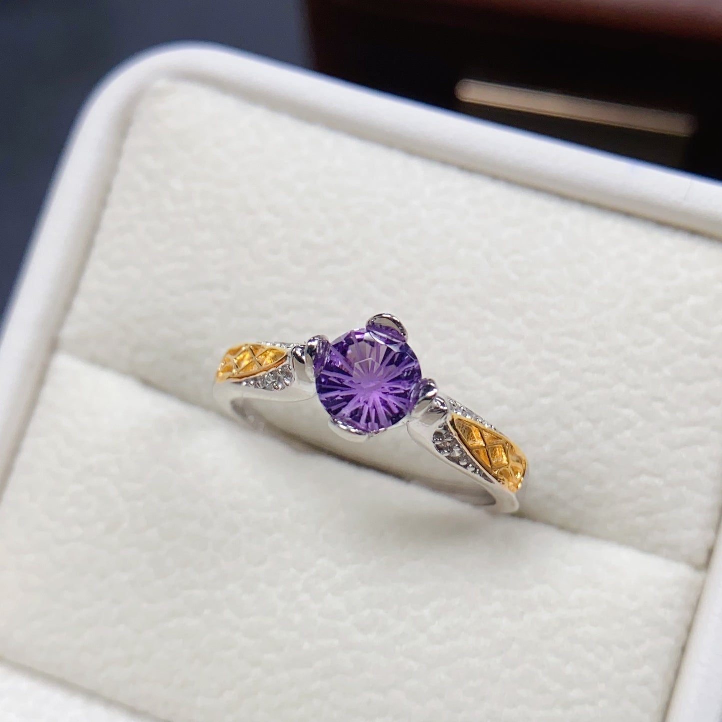 Natural Amethyst Ring | Fireworks Cut Round 6x6mm | Gold Plated 925 Silver | Fine Craftsmanship | Adjustable Open | February Birthstone | Sparkling Royalty Gift