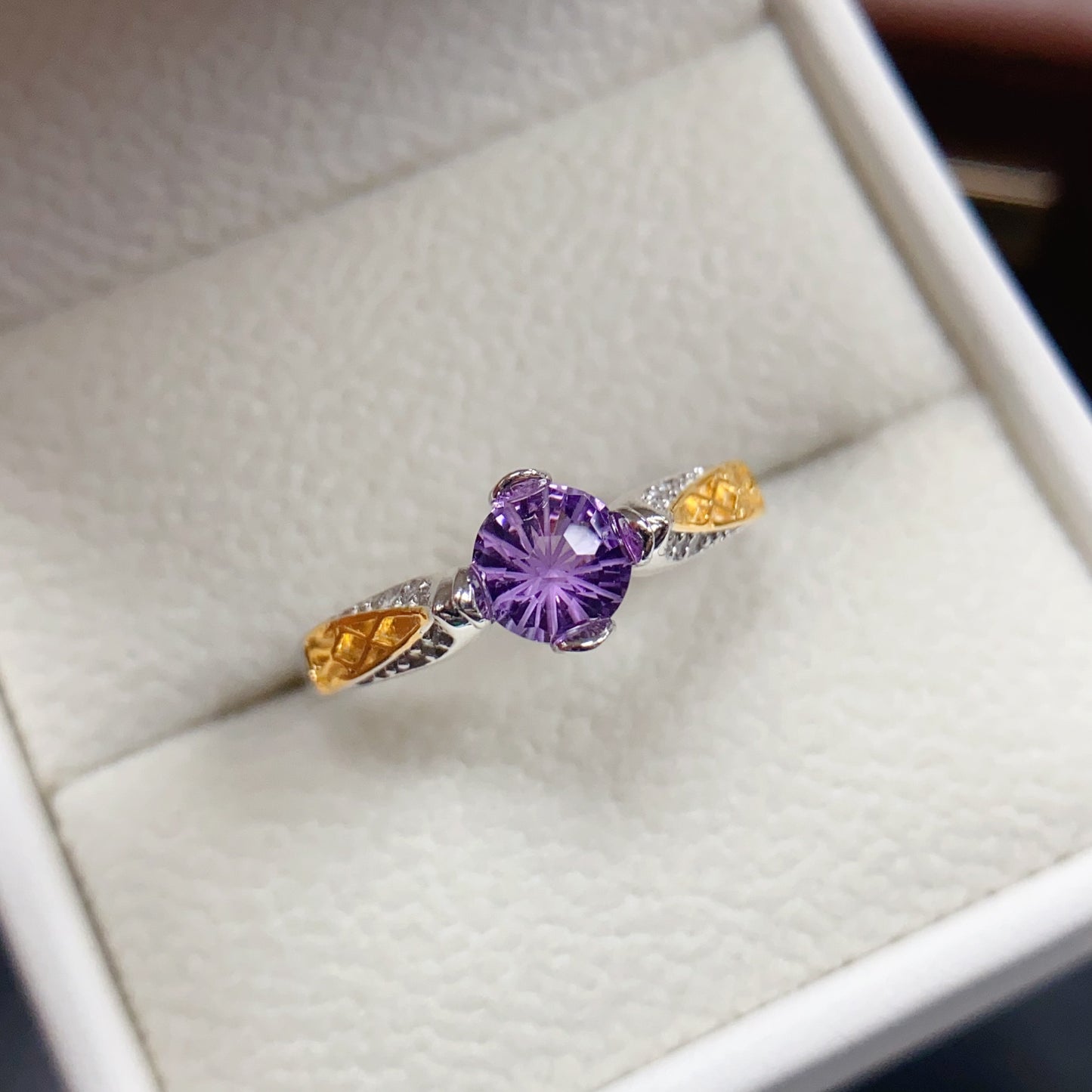 Natural Amethyst Ring | Fireworks Cut Round 6x6mm | Gold Plated 925 Silver | Fine Craftsmanship | Adjustable Open | February Birthstone | Sparkling Royalty Gift
