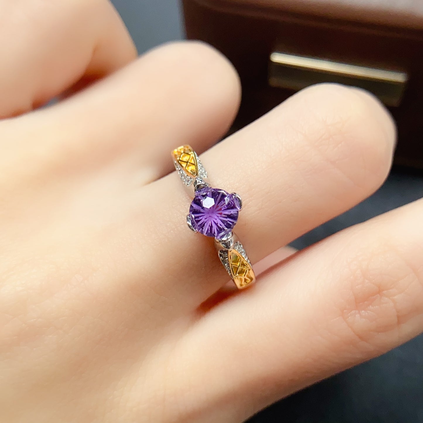 Natural Amethyst Ring | Fireworks Cut Round 6x6mm | Gold Plated 925 Silver | Fine Craftsmanship | Adjustable Open | February Birthstone | Sparkling Royalty Gift