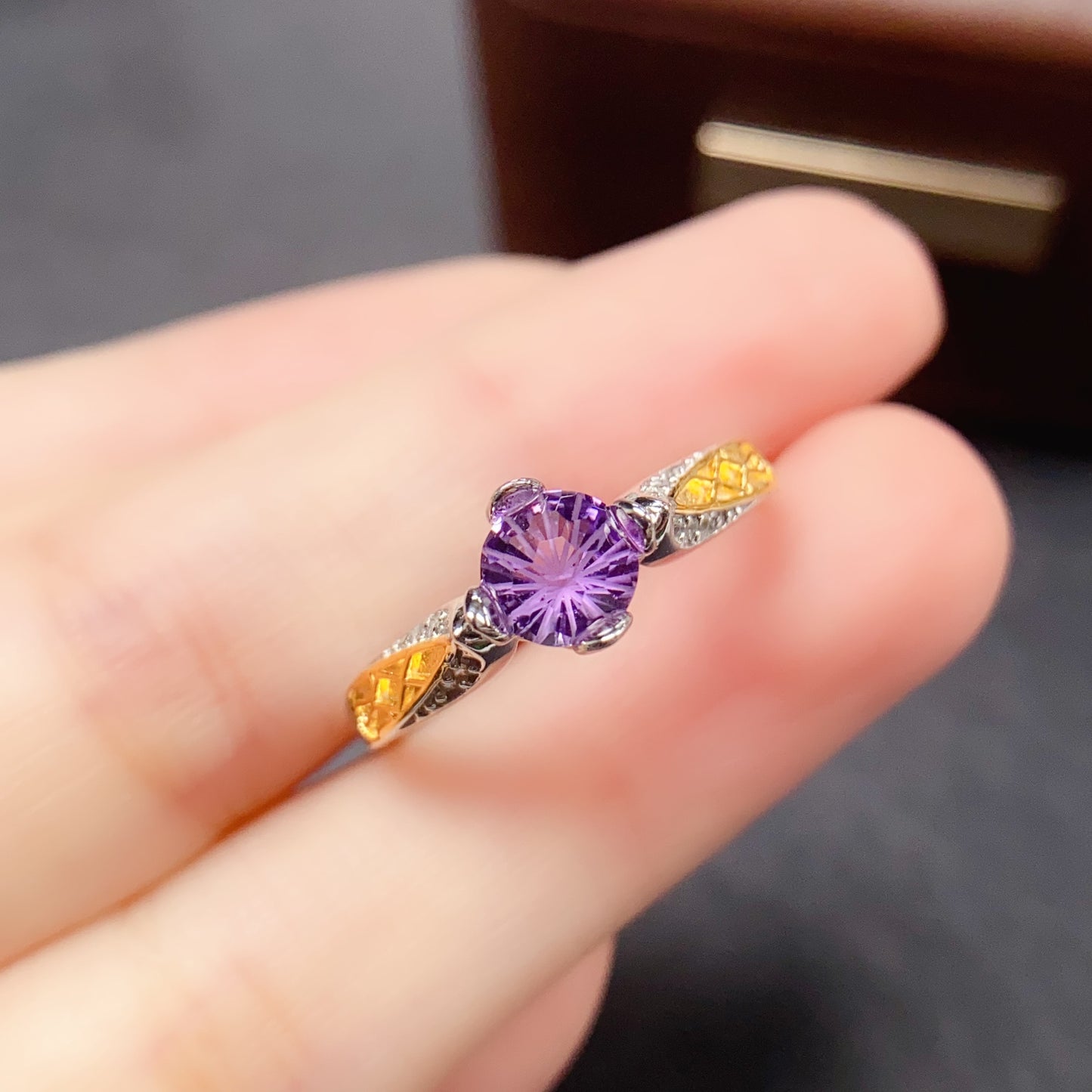 Natural Amethyst Ring | Fireworks Cut Round 6x6mm | Gold Plated 925 Silver | Fine Craftsmanship | Adjustable Open | February Birthstone | Sparkling Royalty Gift