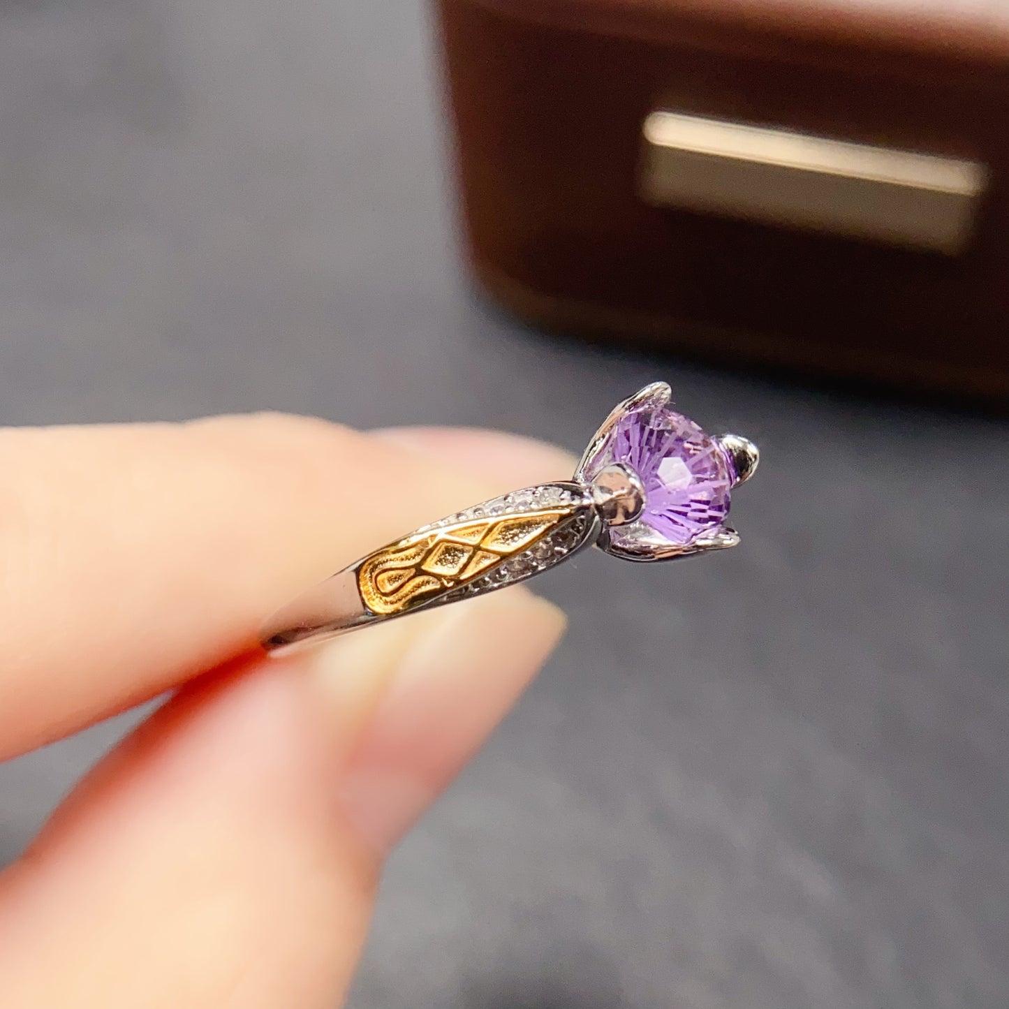 Natural Amethyst Ring | Fireworks Cut Round 6x6mm | Gold Plated 925 Silver | Fine Craftsmanship | Adjustable Open | February Birthstone | Sparkling Royalty Gift