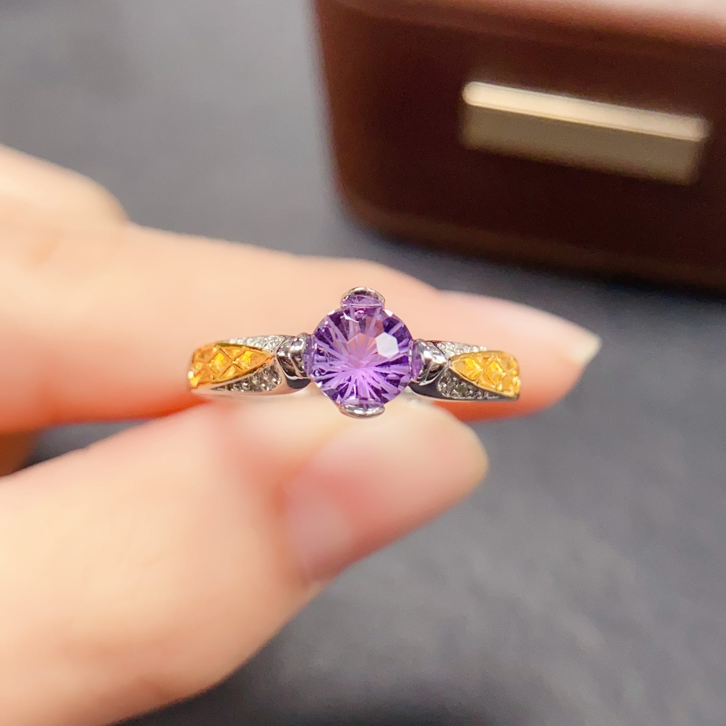 Natural Amethyst Ring | Fireworks Cut Round 6x6mm | Gold Plated 925 Silver | Fine Craftsmanship | Adjustable Open | February Birthstone | Sparkling Royalty Gift