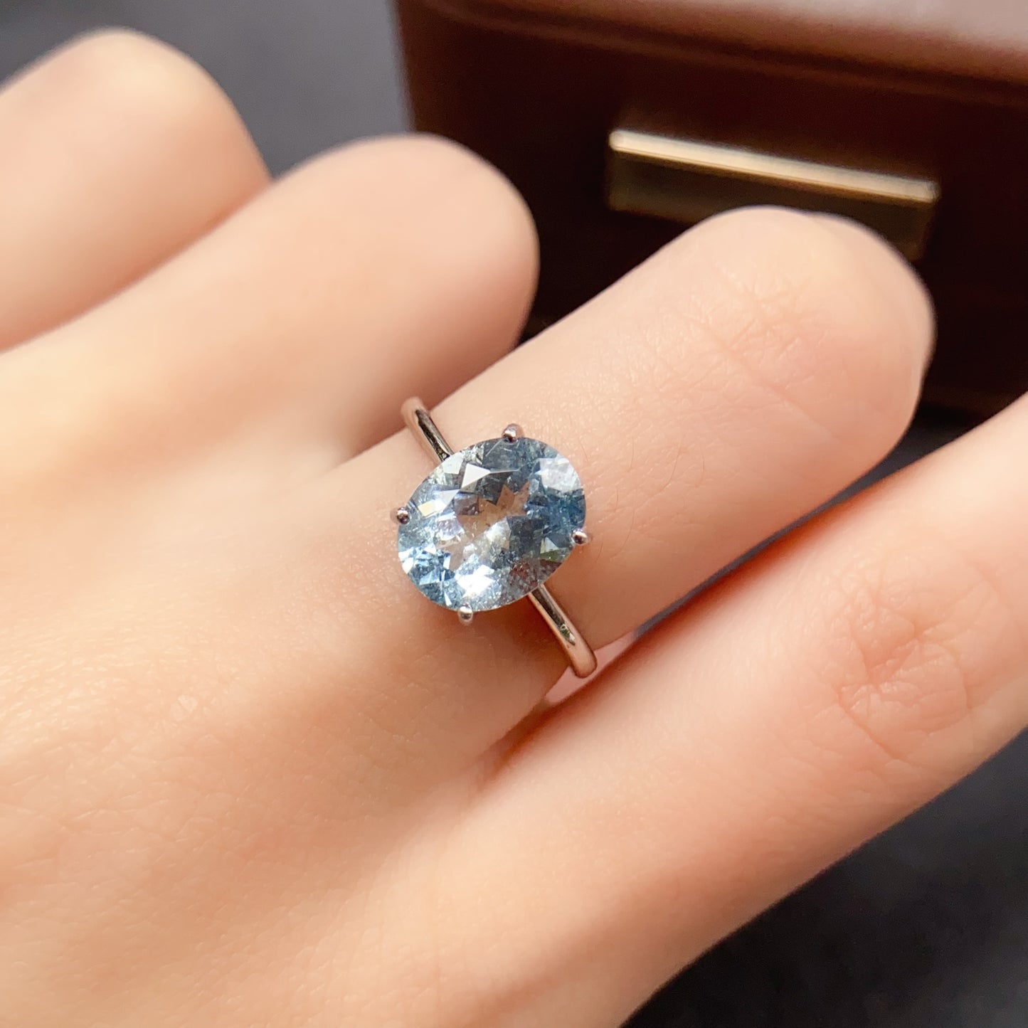 Natural Aquamarine Ring | 8x10mm Large | 4-Prong Setting | Classic Solitaire | 925 Silver | Fine Craftsmanship | Adjustable Open | March Birthstone | Transparent Dainty Gift
