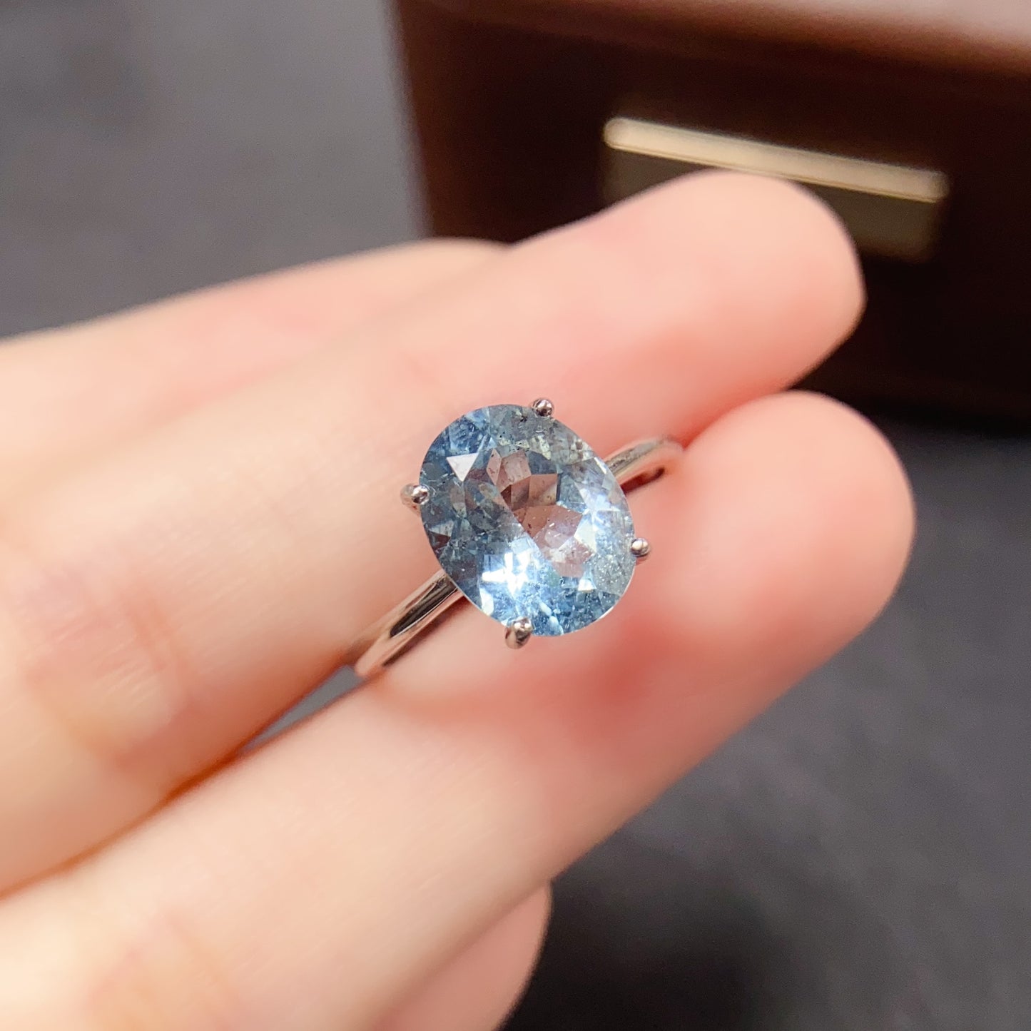 Natural Aquamarine Ring | 8x10mm Large | 4-Prong Setting | Classic Solitaire | 925 Silver | Fine Craftsmanship | Adjustable Open | March Birthstone | Transparent Dainty Gift