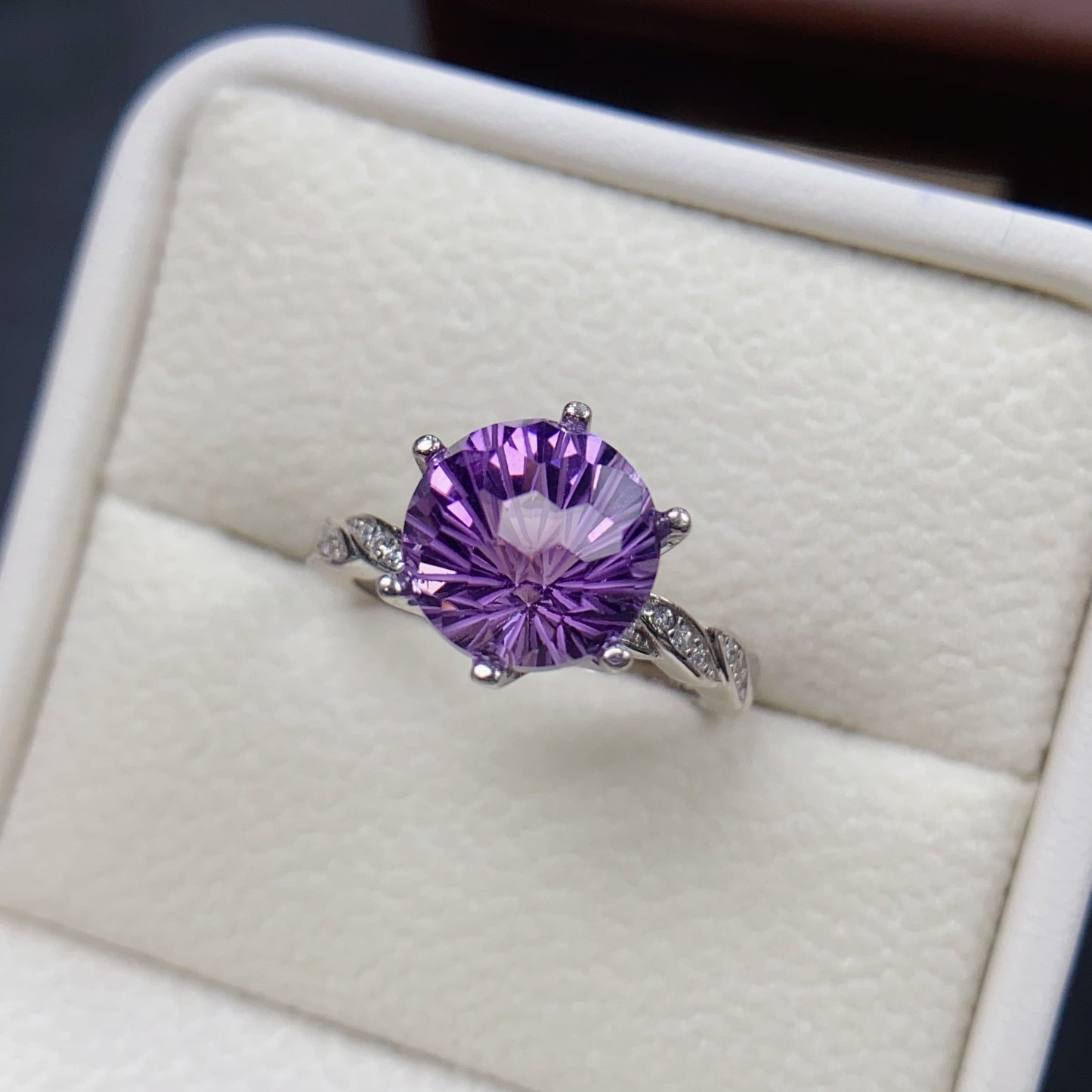Natural Amethyst Ring | Fireworks Cut Round 10x10mm | Large Stone | 925 Silver | Fine Craftsmanship | Adjustable Open | February Birthstone | Brilliant Sparkle Gift