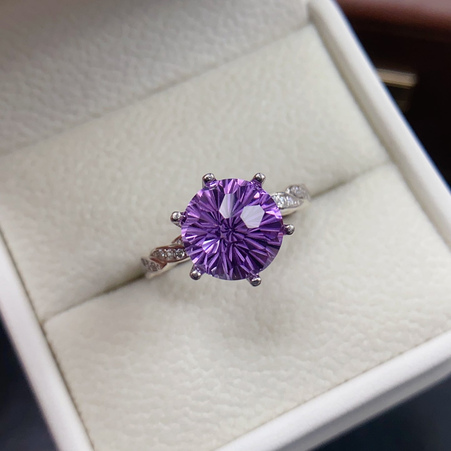 Natural Amethyst Ring | Fireworks Cut Round 10x10mm | Large Stone | 925 Silver | Fine Craftsmanship | Adjustable Open | February Birthstone | Brilliant Sparkle Gift