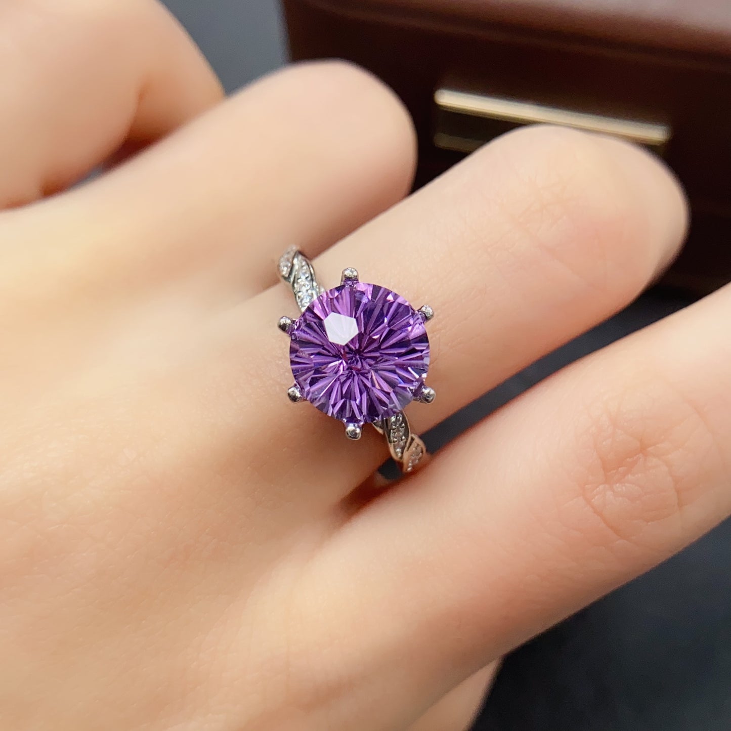 Natural Amethyst Ring | Fireworks Cut Round 10x10mm | Large Stone | 925 Silver | Fine Craftsmanship | Adjustable Open | February Birthstone | Brilliant Sparkle Gift