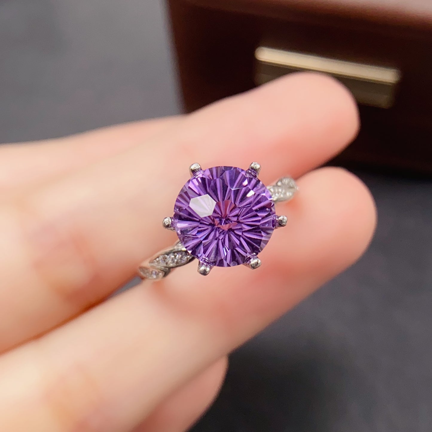 Natural Amethyst Ring | Fireworks Cut Round 10x10mm | Large Stone | 925 Silver | Fine Craftsmanship | Adjustable Open | February Birthstone | Brilliant Sparkle Gift