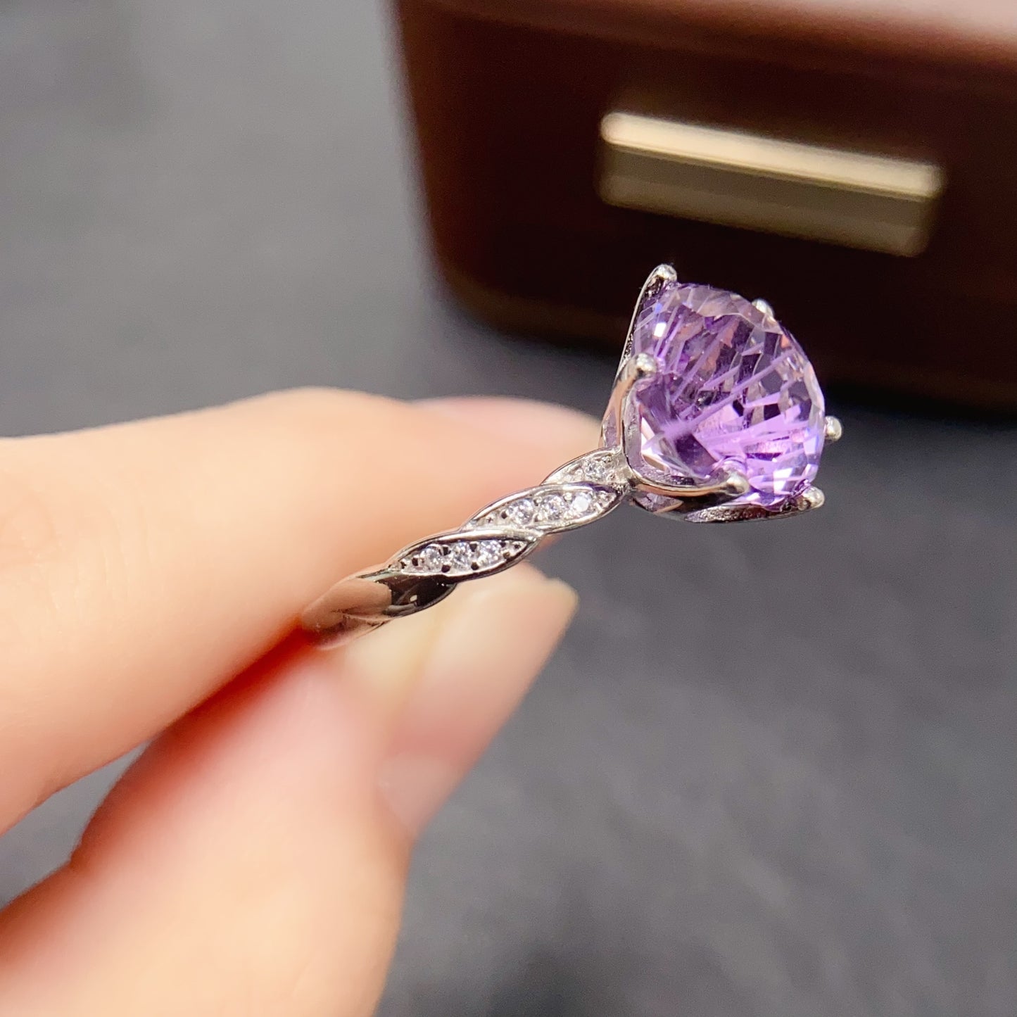 Natural Amethyst Ring | Fireworks Cut Round 10x10mm | Large Stone | 925 Silver | Fine Craftsmanship | Adjustable Open | February Birthstone | Brilliant Sparkle Gift