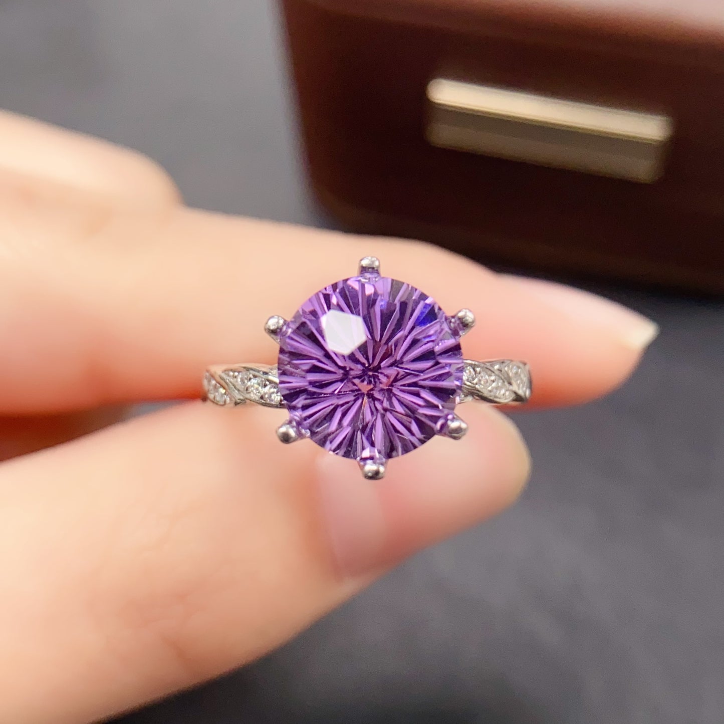 Natural Amethyst Ring | Fireworks Cut Round 10x10mm | Large Stone | 925 Silver | Fine Craftsmanship | Adjustable Open | February Birthstone | Brilliant Sparkle Gift