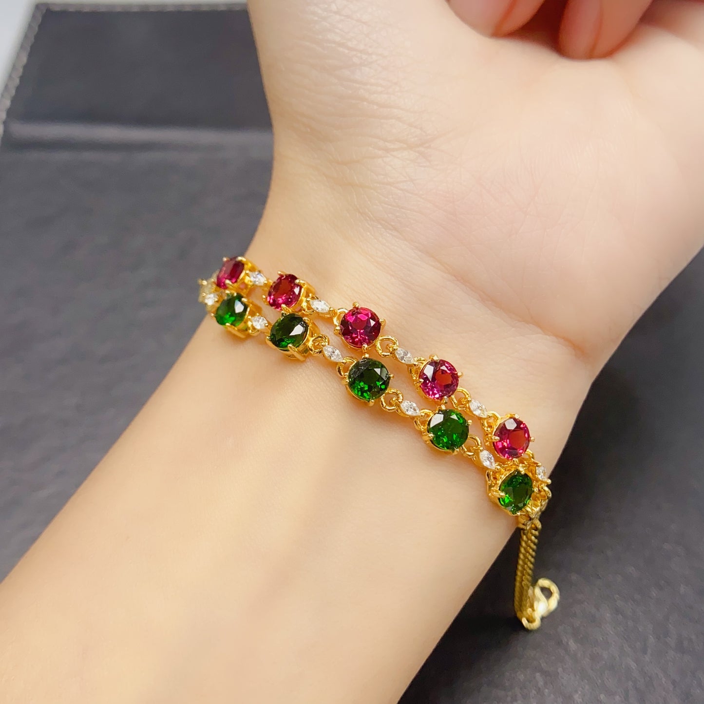 Natural Diopside & Pyrope Garnet Bracelet | Double Chain Design | Clean Gemstones 5x5mm Square | 925 Silver | Fine Craftsmanship | June & January Birthstones | Two-Tone Luxury Gift