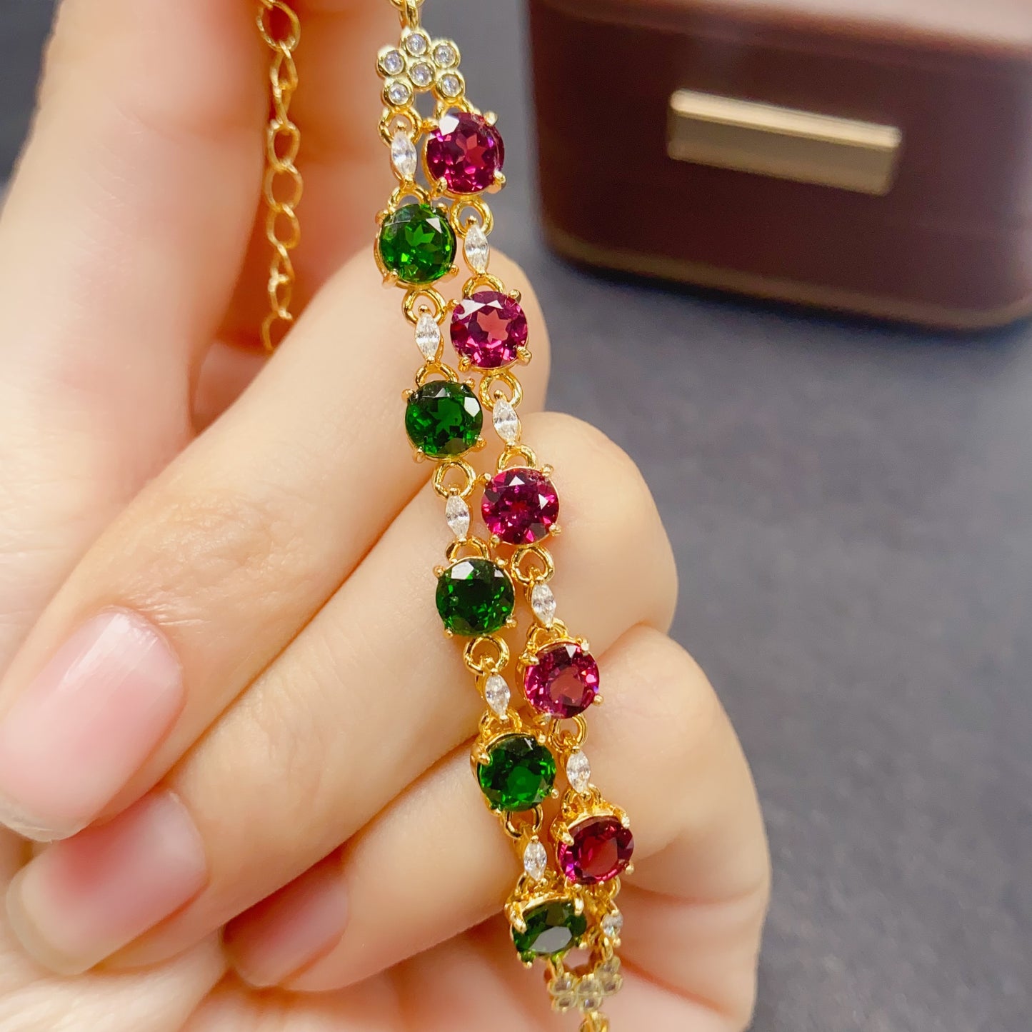 Natural Diopside & Pyrope Garnet Bracelet | Double Chain Design | Clean Gemstones 5x5mm Square | 925 Silver | Fine Craftsmanship | June & January Birthstones | Two-Tone Luxury Gift