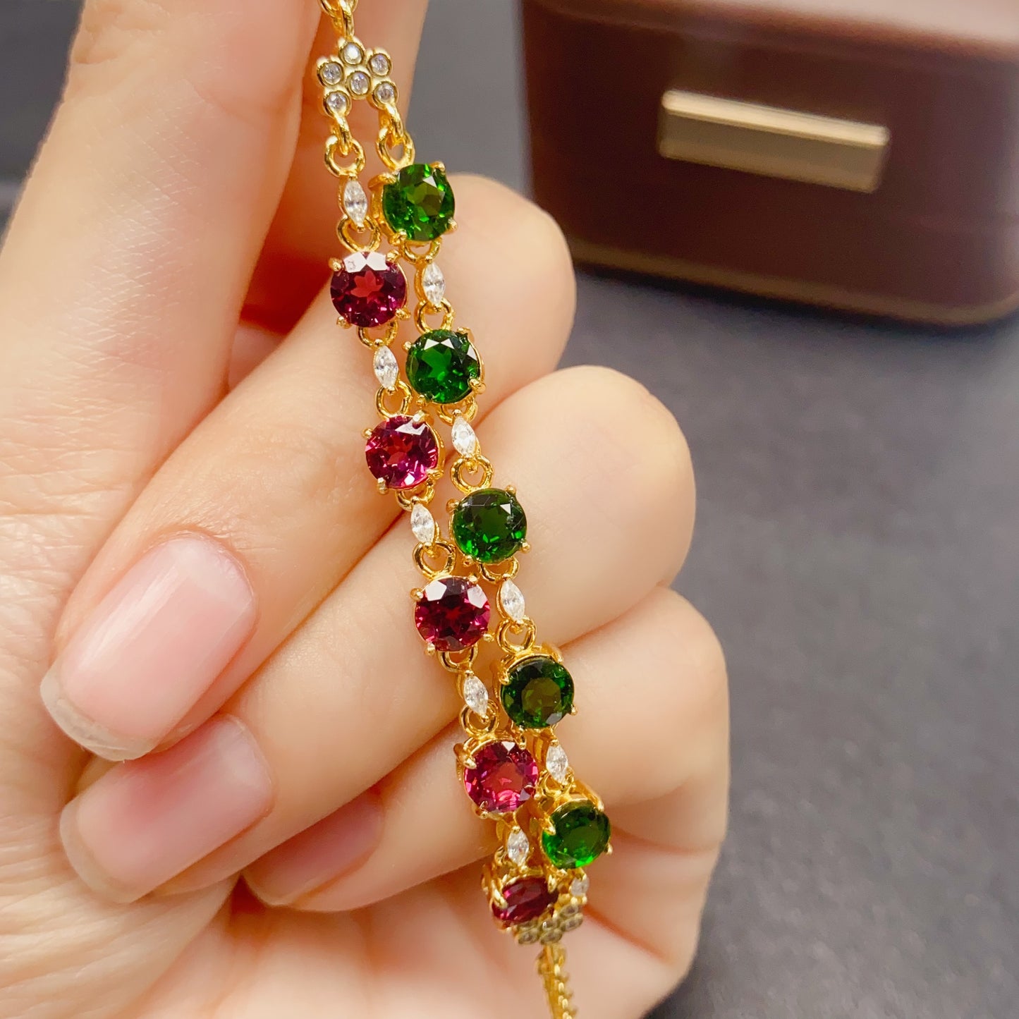 Natural Diopside & Pyrope Garnet Bracelet | Double Chain Design | Clean Gemstones 5x5mm Square | 925 Silver | Fine Craftsmanship | June & January Birthstones | Two-Tone Luxury Gift