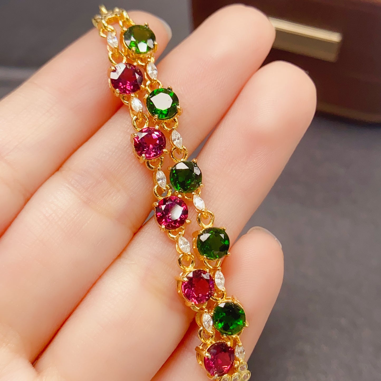 Natural Diopside & Pyrope Garnet Bracelet | Double Chain Design | Clean Gemstones 5x5mm Square | 925 Silver | Fine Craftsmanship | June & January Birthstones | Two-Tone Luxury Gift