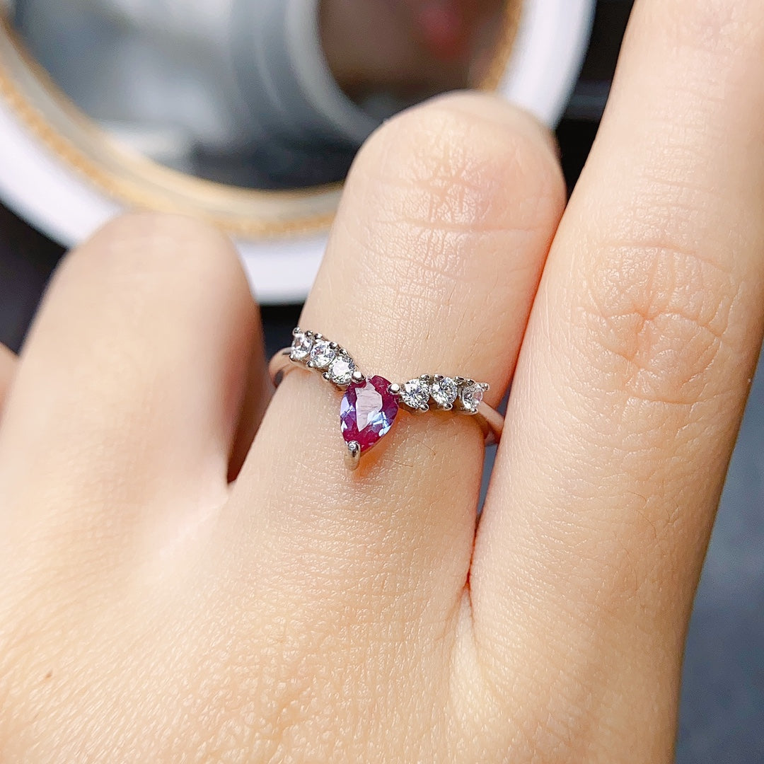 Natural Alexandrite Ring | Teardrop Pear Cut 4x6mm | S925 Silver | Adjustable Open | Color Change Gemstone | June Birthstone | Rare Color-Shifting | Dainty Gift