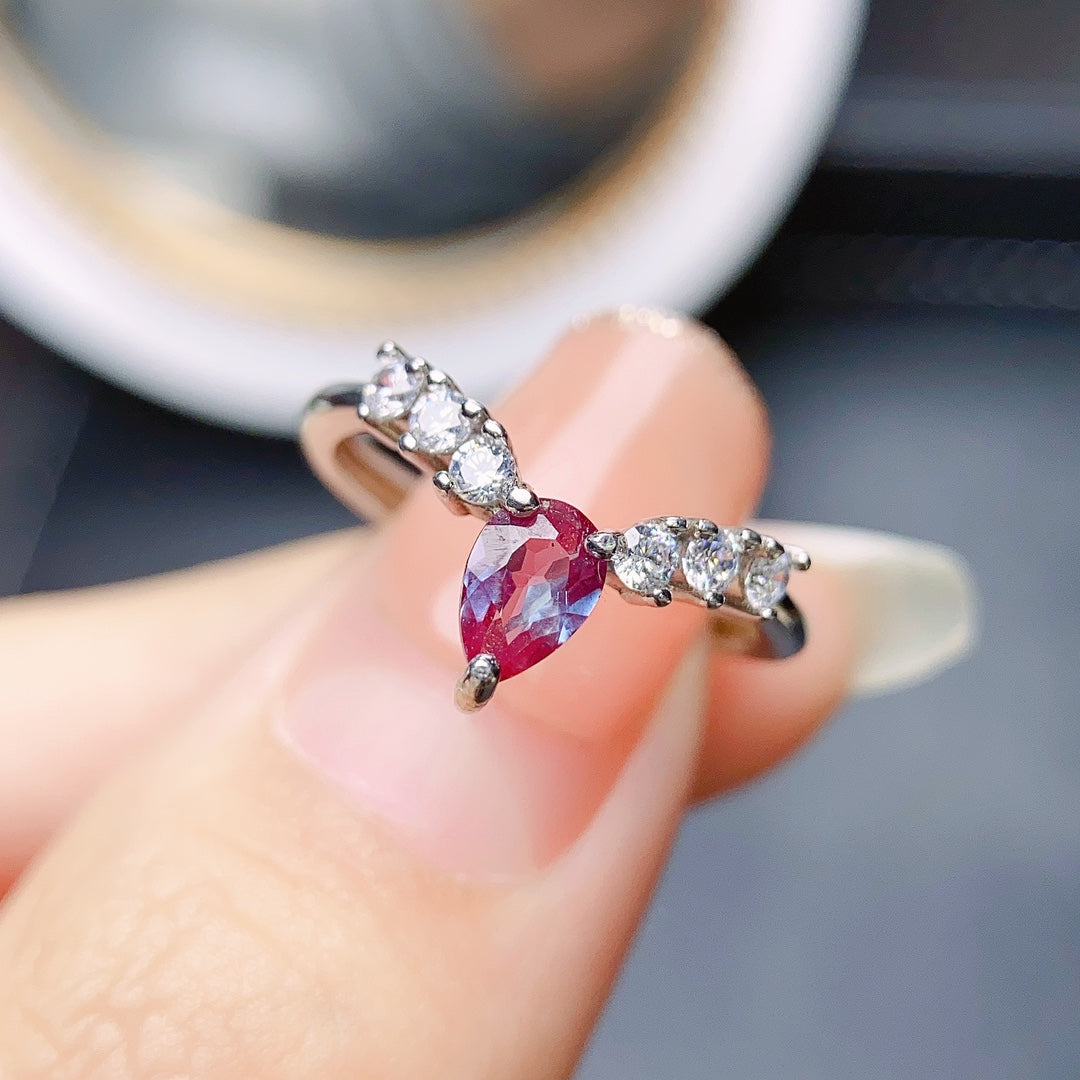 Natural Alexandrite Ring | Teardrop Pear Cut 4x6mm | S925 Silver | Adjustable Open | Color Change Gemstone | June Birthstone | Rare Color-Shifting | Dainty Gift