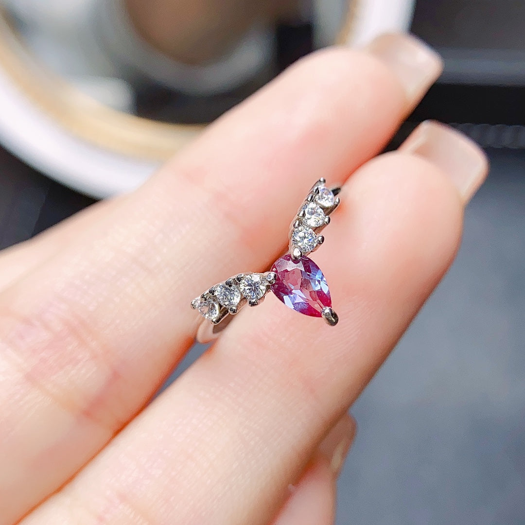 Natural Alexandrite Ring | Teardrop Pear Cut 4x6mm | S925 Silver | Adjustable Open | Color Change Gemstone | June Birthstone | Rare Color-Shifting | Dainty Gift
