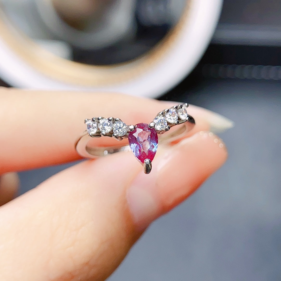Natural Alexandrite Ring | Teardrop Pear Cut 4x6mm | S925 Silver | Adjustable Open | Color Change Gemstone | June Birthstone | Rare Color-Shifting | Dainty Gift