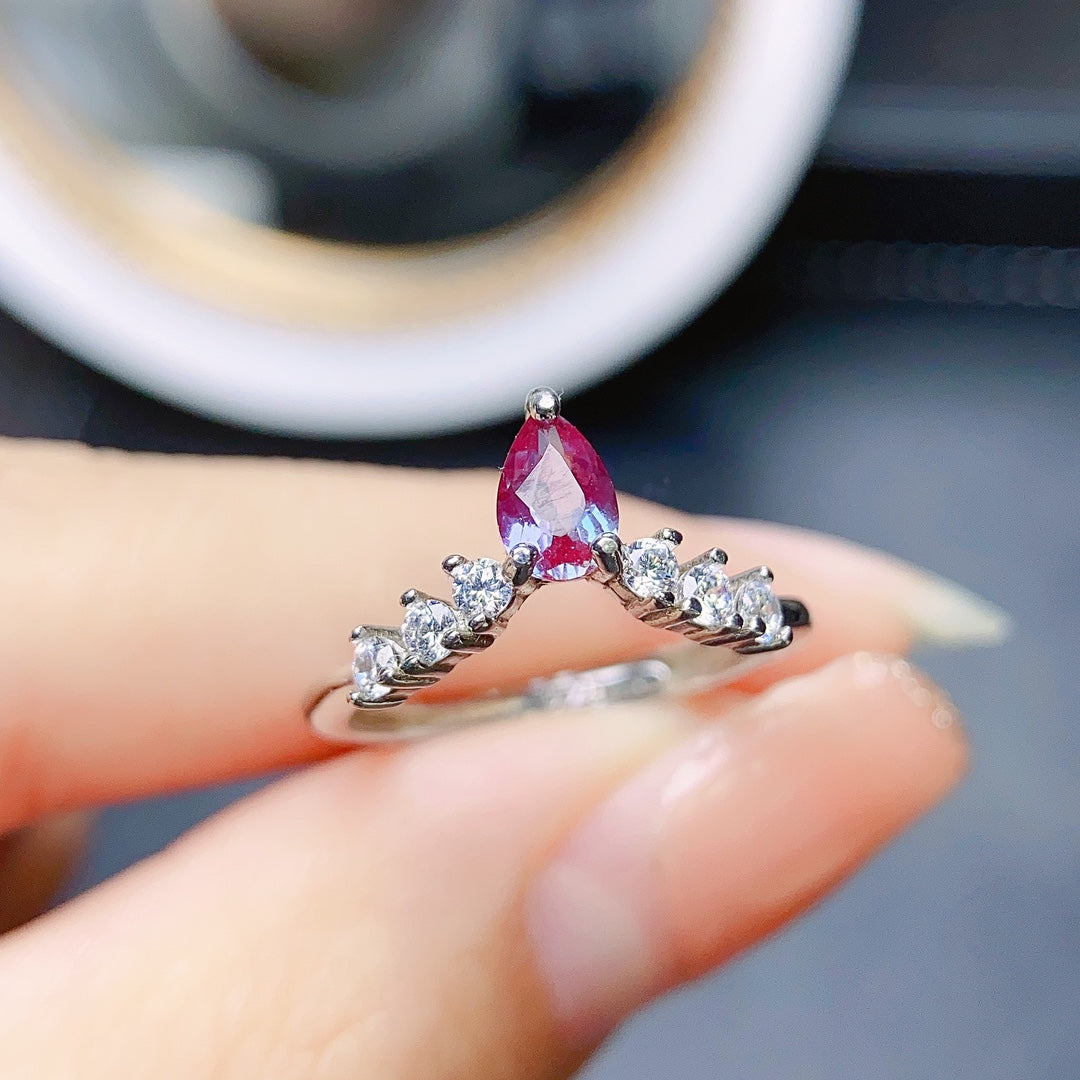Natural Alexandrite Ring | Teardrop Pear Cut 4x6mm | S925 Silver | Adjustable Open | Color Change Gemstone | June Birthstone | Rare Color-Shifting | Dainty Gift