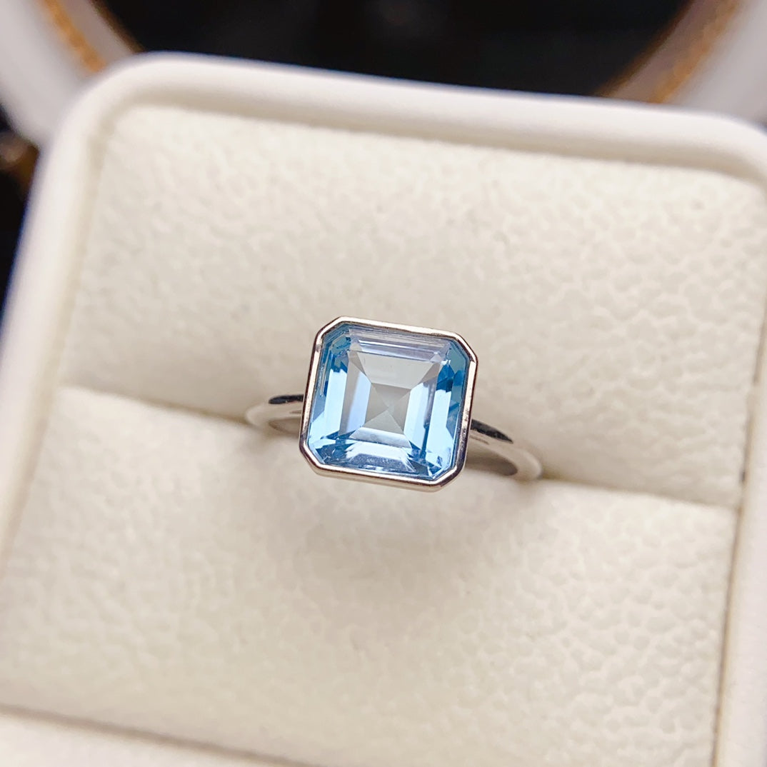 Natural Topaz Ring Bezel Set 8mm Square * 925 Silver * High Clarity * Simple Fine Jewelry For Women