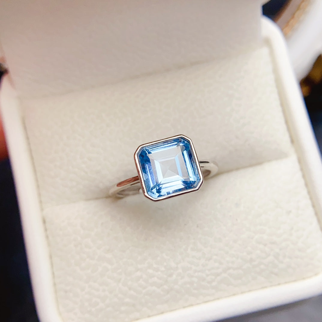 Natural Topaz Ring Bezel Set 8mm Square * 925 Silver * High Clarity * Simple Fine Jewelry For Women