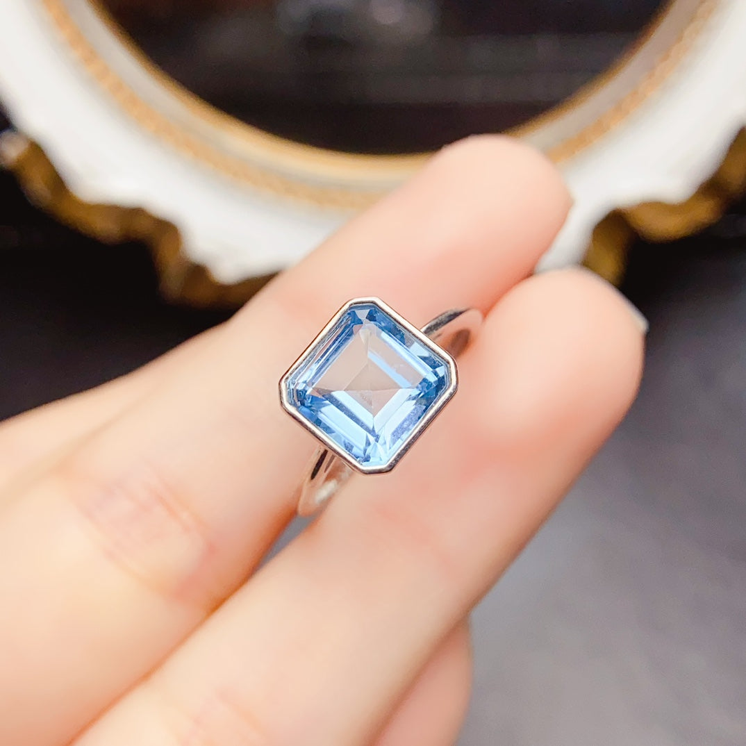 Natural Topaz Ring Bezel Set 8mm Square * 925 Silver * High Clarity * Simple Fine Jewelry For Women