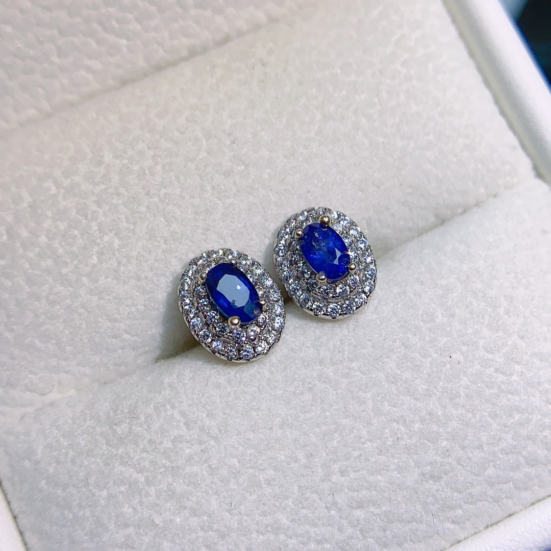 Natural Sapphire Earrings 4x5mm 925 Silver Simple Elegant Stud Fashion Jewelry for Women