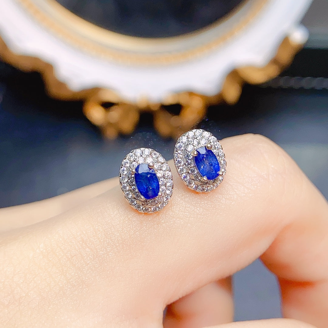 Natural Sapphire Earrings 4x5mm 925 Silver Simple Elegant Stud Fashion Jewelry for Women