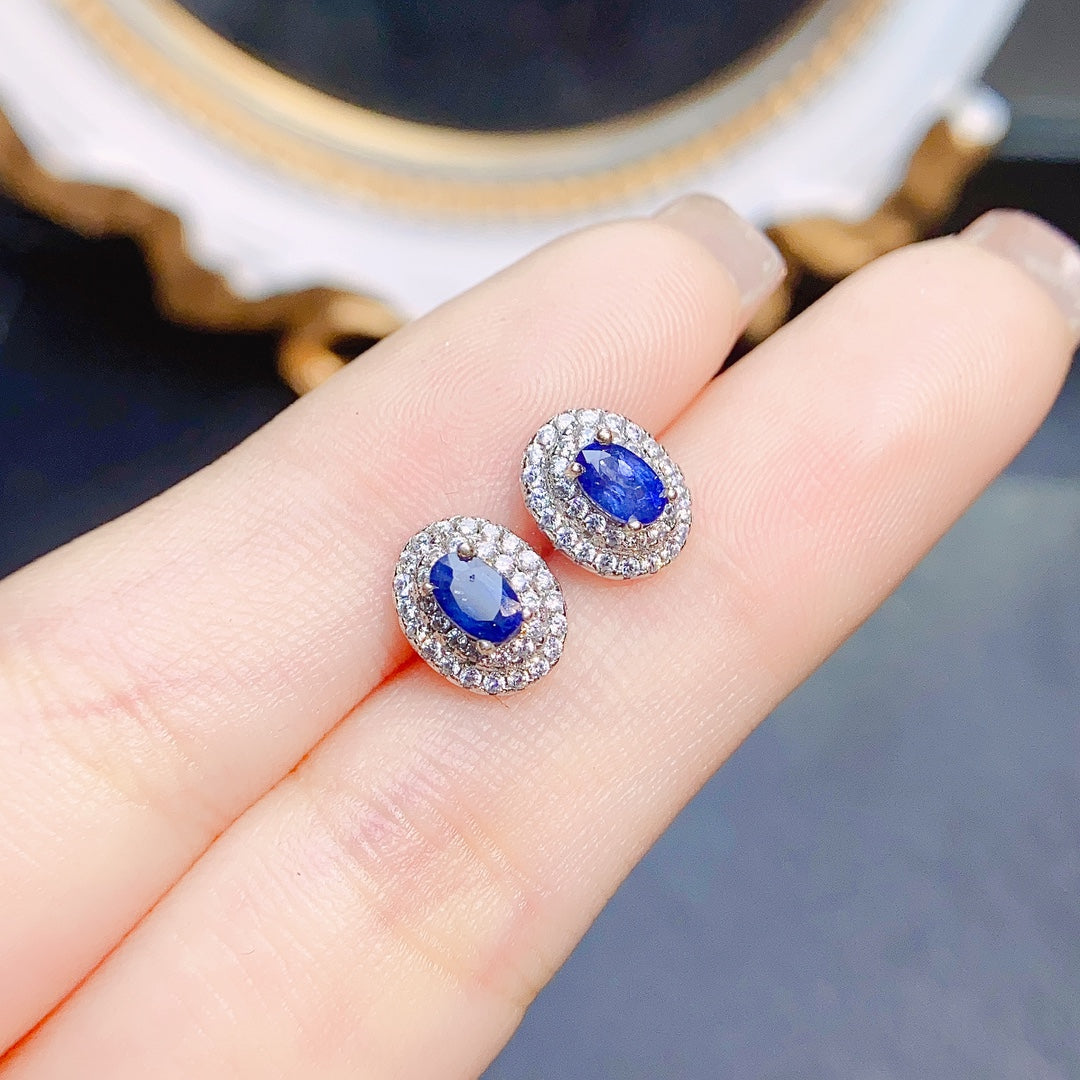 Natural Sapphire Earrings 4x5mm 925 Silver Simple Elegant Stud Fashion Jewelry for Women