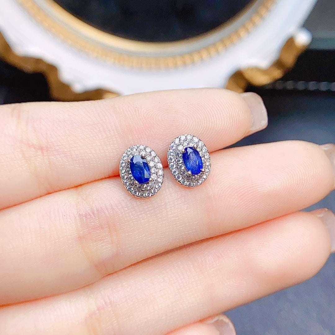 Natural Sapphire Earrings 4x5mm 925 Silver Simple Elegant Stud Fashion Jewelry for Women