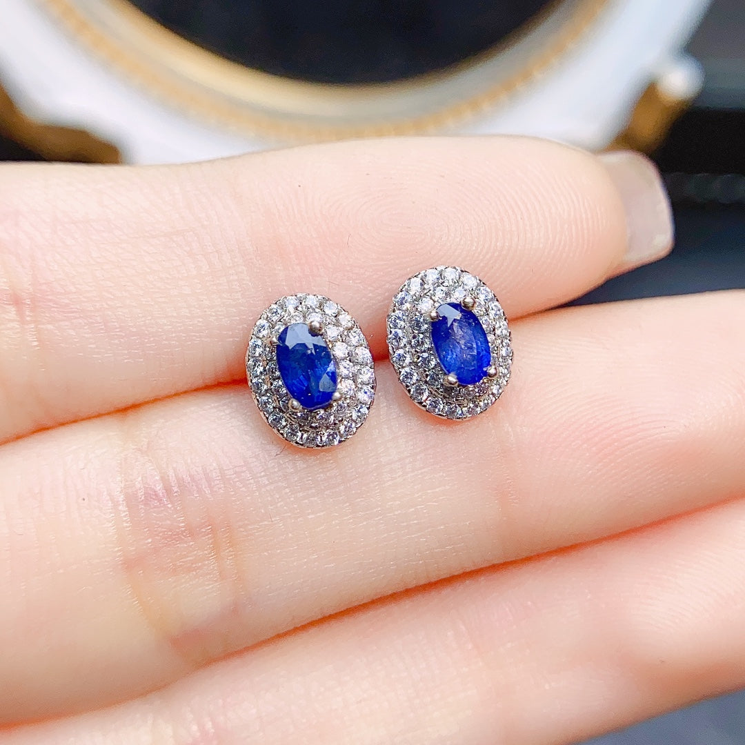 Natural Sapphire Earrings 4x5mm 925 Silver Simple Elegant Stud Fashion Jewelry for Women