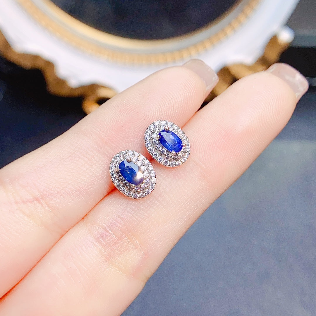 Natural Sapphire Earrings 4x5mm 925 Silver Simple Elegant Stud Fashion Jewelry for Women