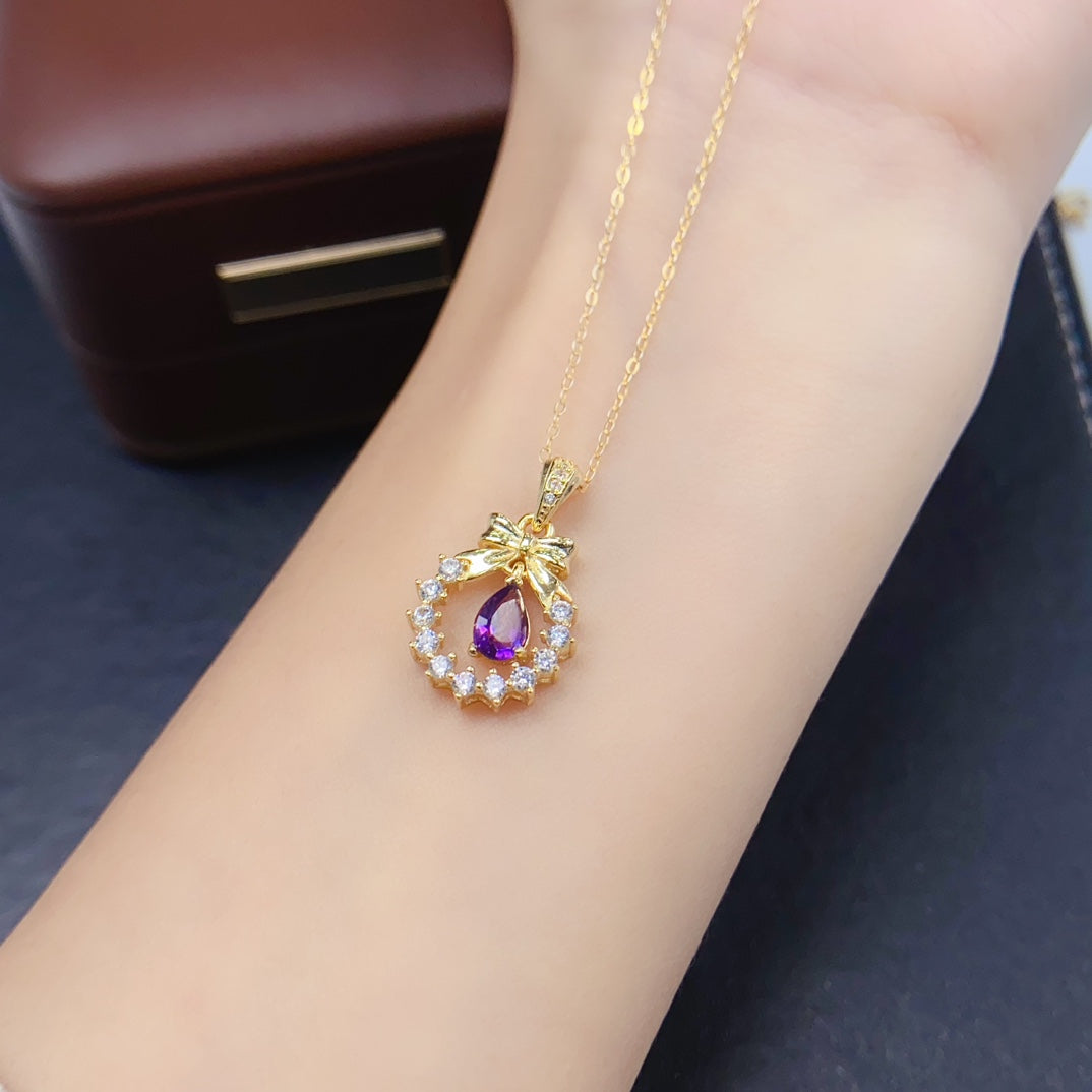 Natural Amethyst Pendant Butterfly Bow Pendant 4x6mm Teardrop Faceted Stone High Quality 925 Silver Fine Jewelry For Women