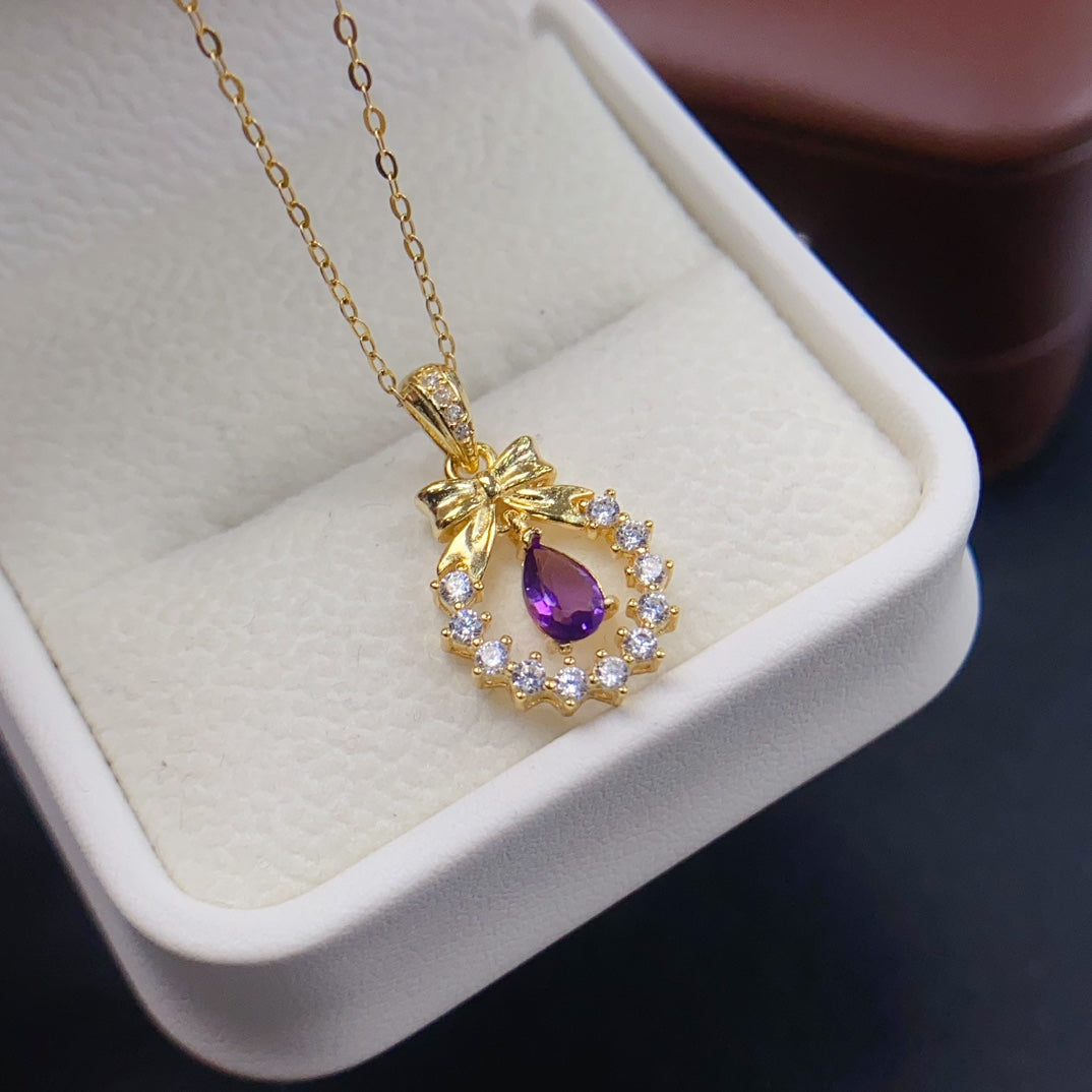 Natural Amethyst Pendant Butterfly Bow Pendant 4x6mm Teardrop Faceted Stone High Quality 925 Silver Fine Jewelry For Women
