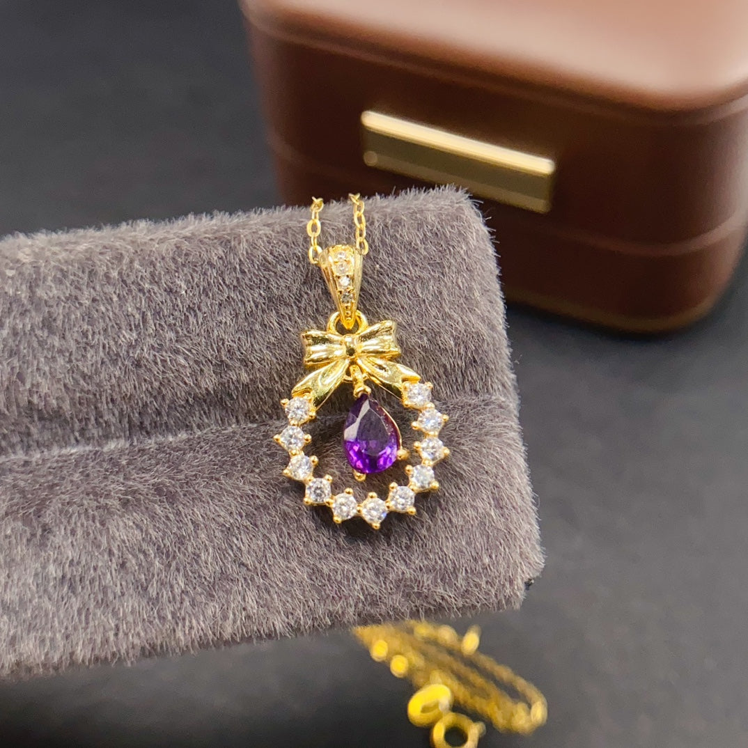 Natural Amethyst Pendant Butterfly Bow Pendant 4x6mm Teardrop Faceted Stone High Quality 925 Silver Fine Jewelry For Women
