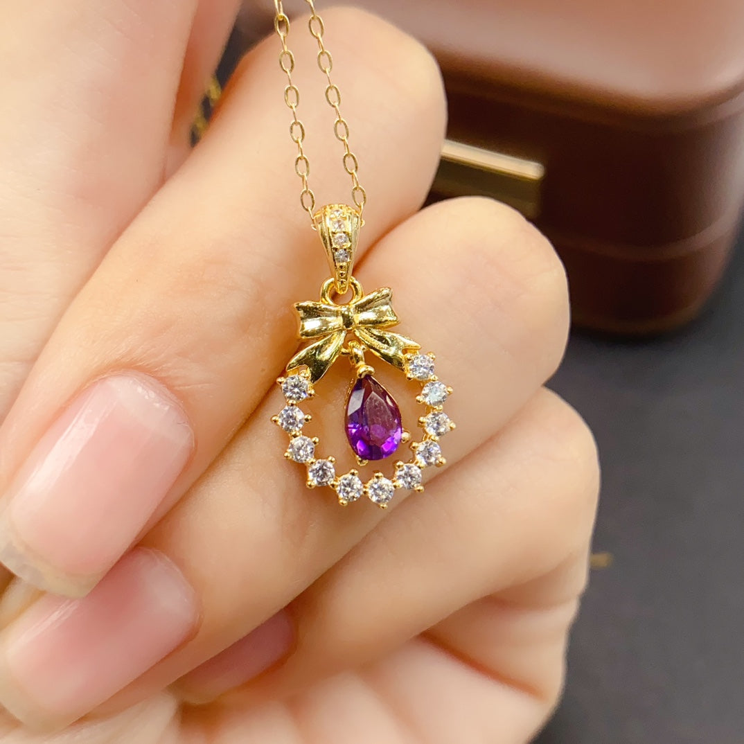 Natural Amethyst Pendant Butterfly Bow Pendant 4x6mm Teardrop Faceted Stone High Quality 925 Silver Fine Jewelry For Women