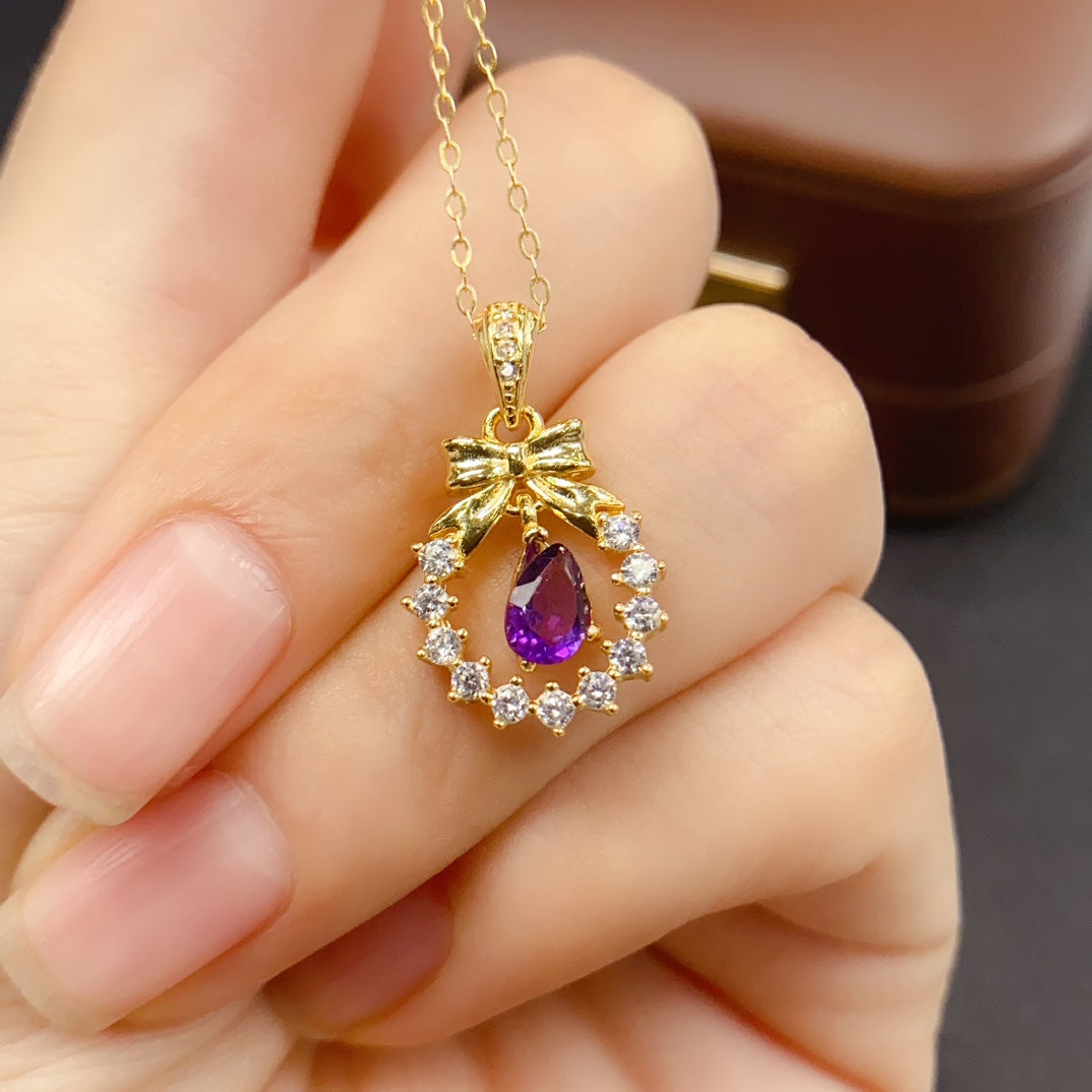 Natural Amethyst Pendant Butterfly Bow Pendant 4x6mm Teardrop Faceted Stone High Quality 925 Silver Fine Jewelry For Women
