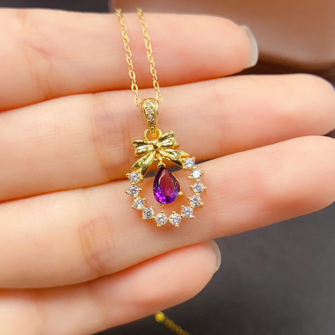Natural Amethyst Pendant Butterfly Bow Pendant 4x6mm Teardrop Faceted Stone High Quality 925 Silver Fine Jewelry For Women