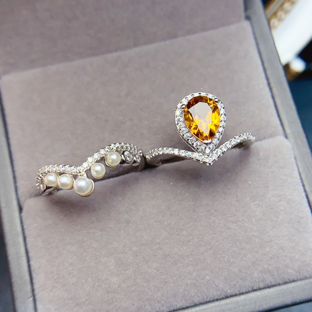 Natural Citrine Ring Pearl Setting 6x8mm VVS Clarity Fire Flash 925 Silver Fine Jewelry For Women