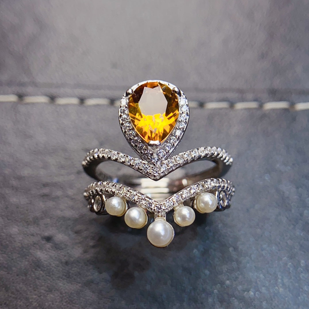 Natural Citrine Ring Pearl Setting 6x8mm VVS Clarity Fire Flash 925 Silver Fine Jewelry For Women