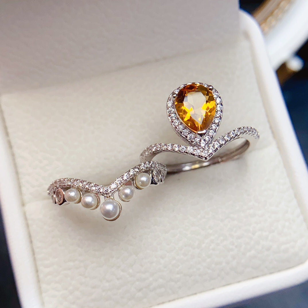 Natural Citrine Ring Pearl Setting 6x8mm VVS Clarity Fire Flash 925 Silver Fine Jewelry For Women