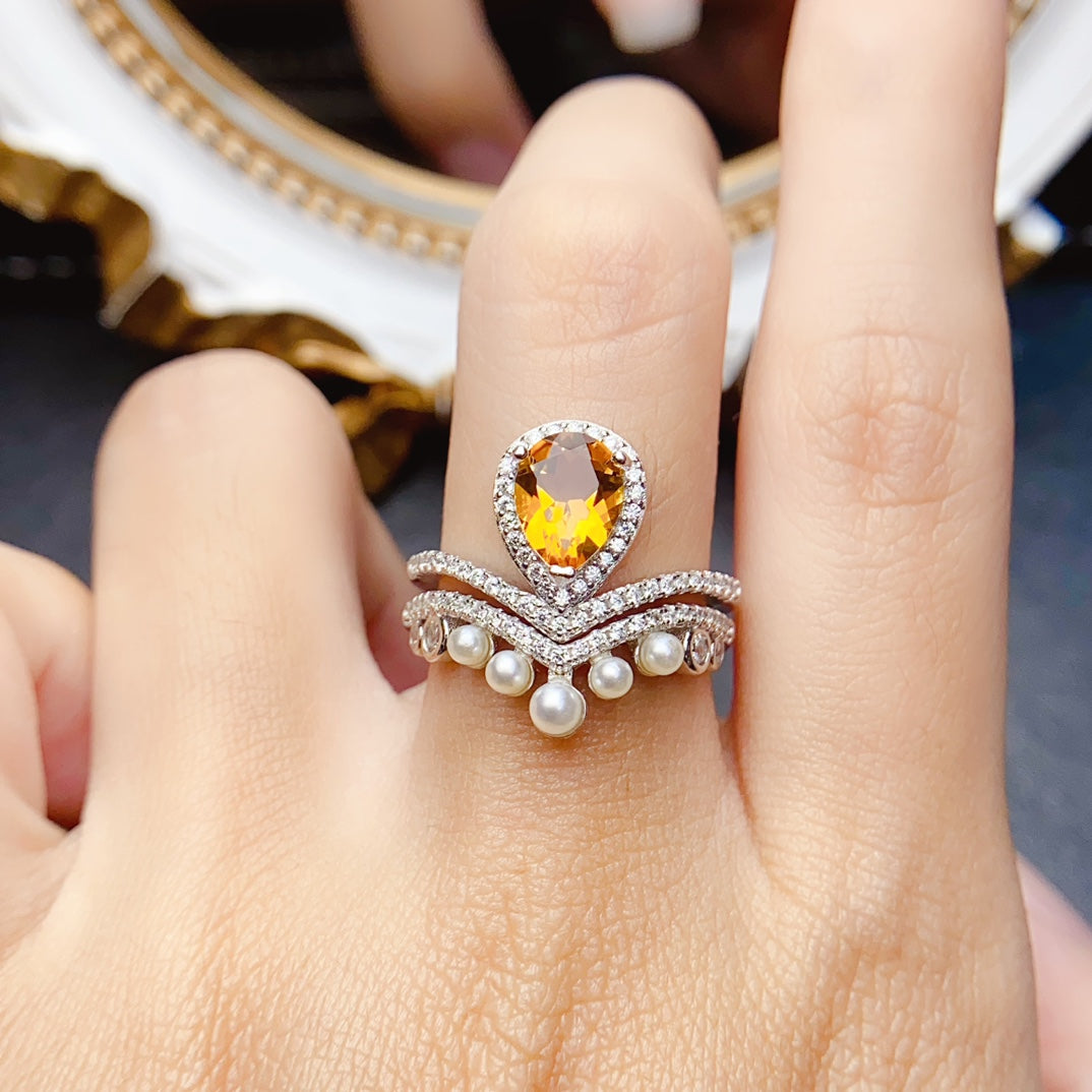 Natural Citrine Ring Pearl Setting 6x8mm VVS Clarity Fire Flash 925 Silver Fine Jewelry For Women