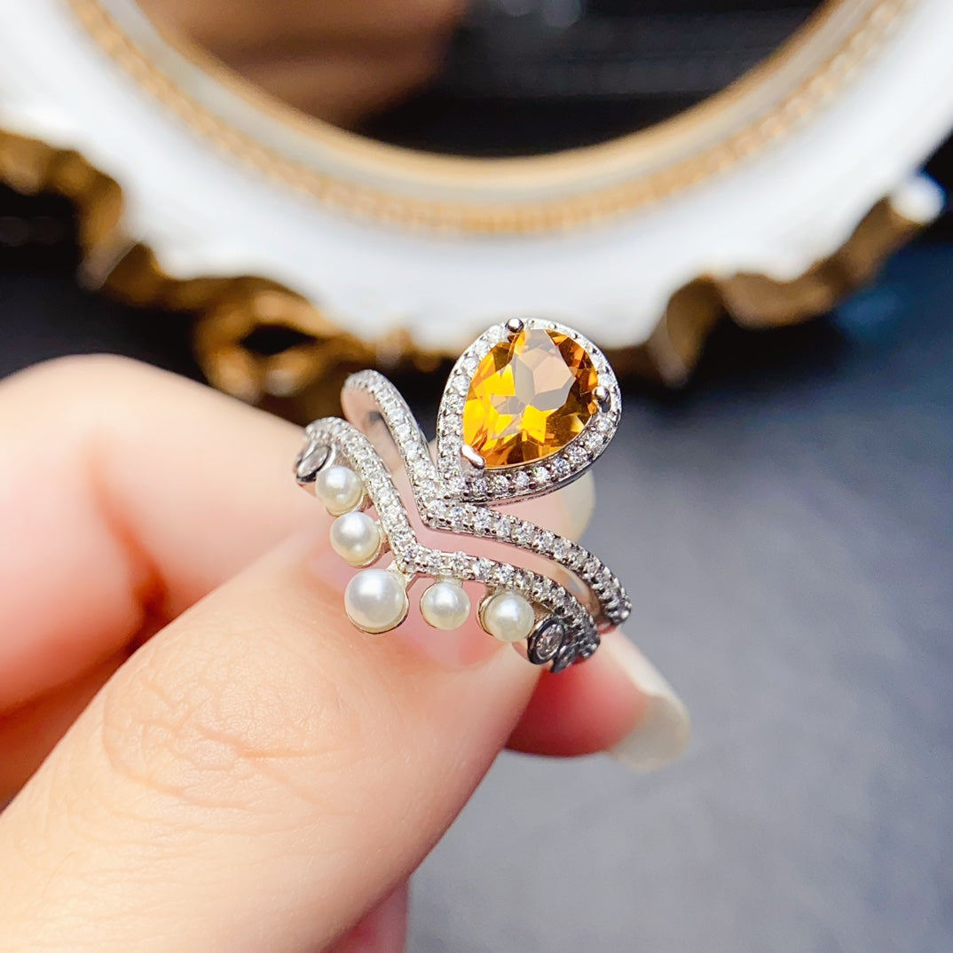 Natural Citrine Ring Pearl Setting 6x8mm VVS Clarity Fire Flash 925 Silver Fine Jewelry For Women