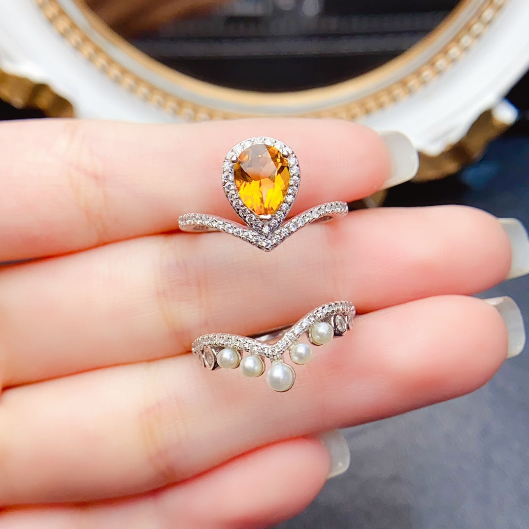 Natural Citrine Ring Pearl Setting 6x8mm VVS Clarity Fire Flash 925 Silver Fine Jewelry For Women