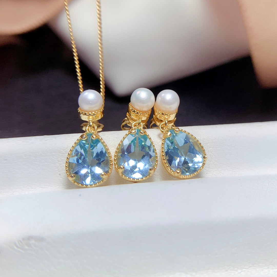 Natural Sky Blue Topaz Jewelry Set Gold Pearl Base 6*8mm High Clarity 925 Silver Fashion Gift For Women