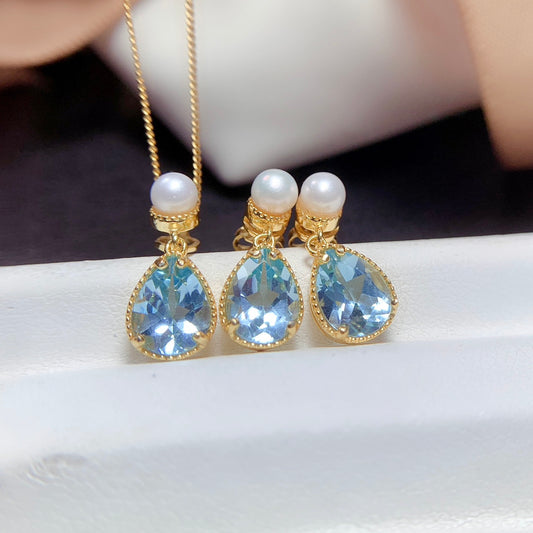 Natural Sky Blue Topaz Jewelry Set Gold Pearl Base 6*8mm High Clarity 925 Silver Fashion Gift For Women