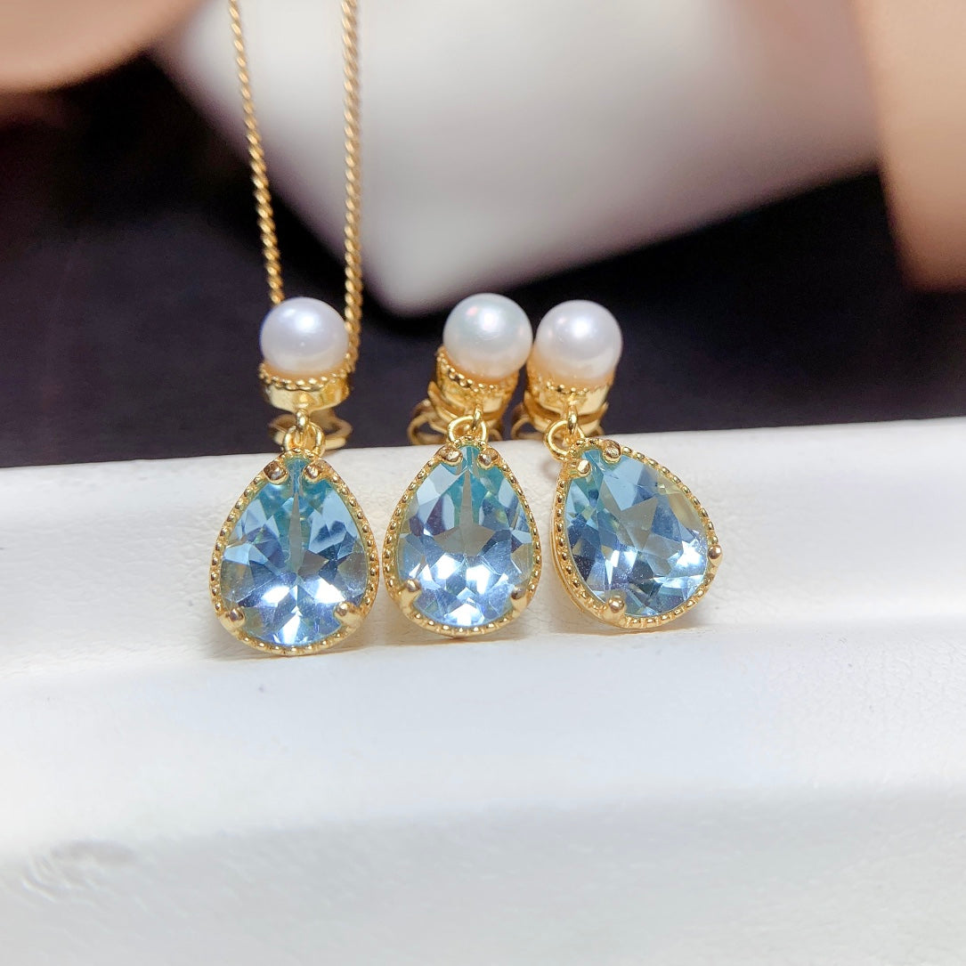 Natural Sky Blue Topaz Jewelry Set Gold Pearl Base 6*8mm High Clarity 925 Silver Fashion Gift For Women