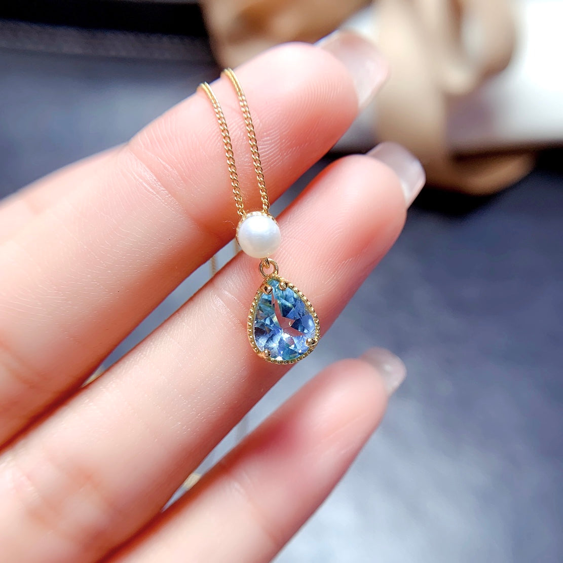 Natural Sky Blue Topaz Jewelry Set Gold Pearl Base 6*8mm High Clarity 925 Silver Fashion Gift For Women