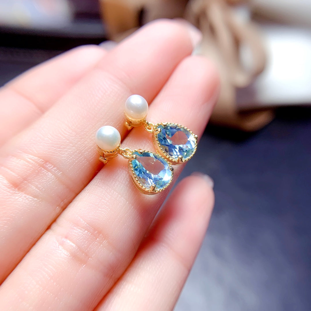 Natural Sky Blue Topaz Jewelry Set Gold Pearl Base 6*8mm High Clarity 925 Silver Fashion Gift For Women